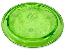 Jeanette Footed Green Depression Uranium Glass Cake Plate Embossed Flowers 10”