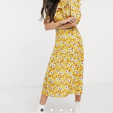 ASOS DESIGN frill neck midi tea dress in yellow floral print open back size 4