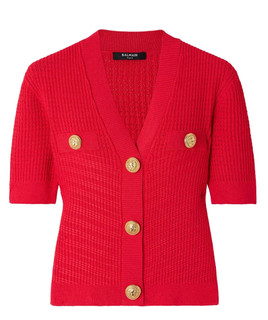 BALMAIN RED CROPPED KNITTED CARDIGAN SIZE 34 (XS) $1 850