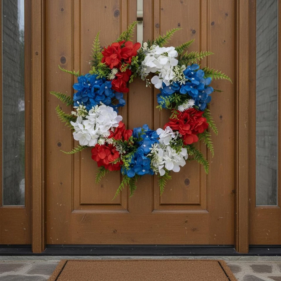 Scharlach-weiß-blauer Kranz festliche Dekoration patriotischer Blumenkranz - Bild 1 von 4