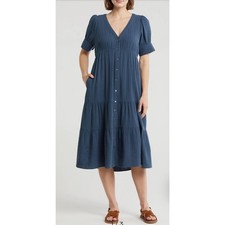 Madewell Lightspun Tiered Button Front Midi Dress Blue Women’s Size 10