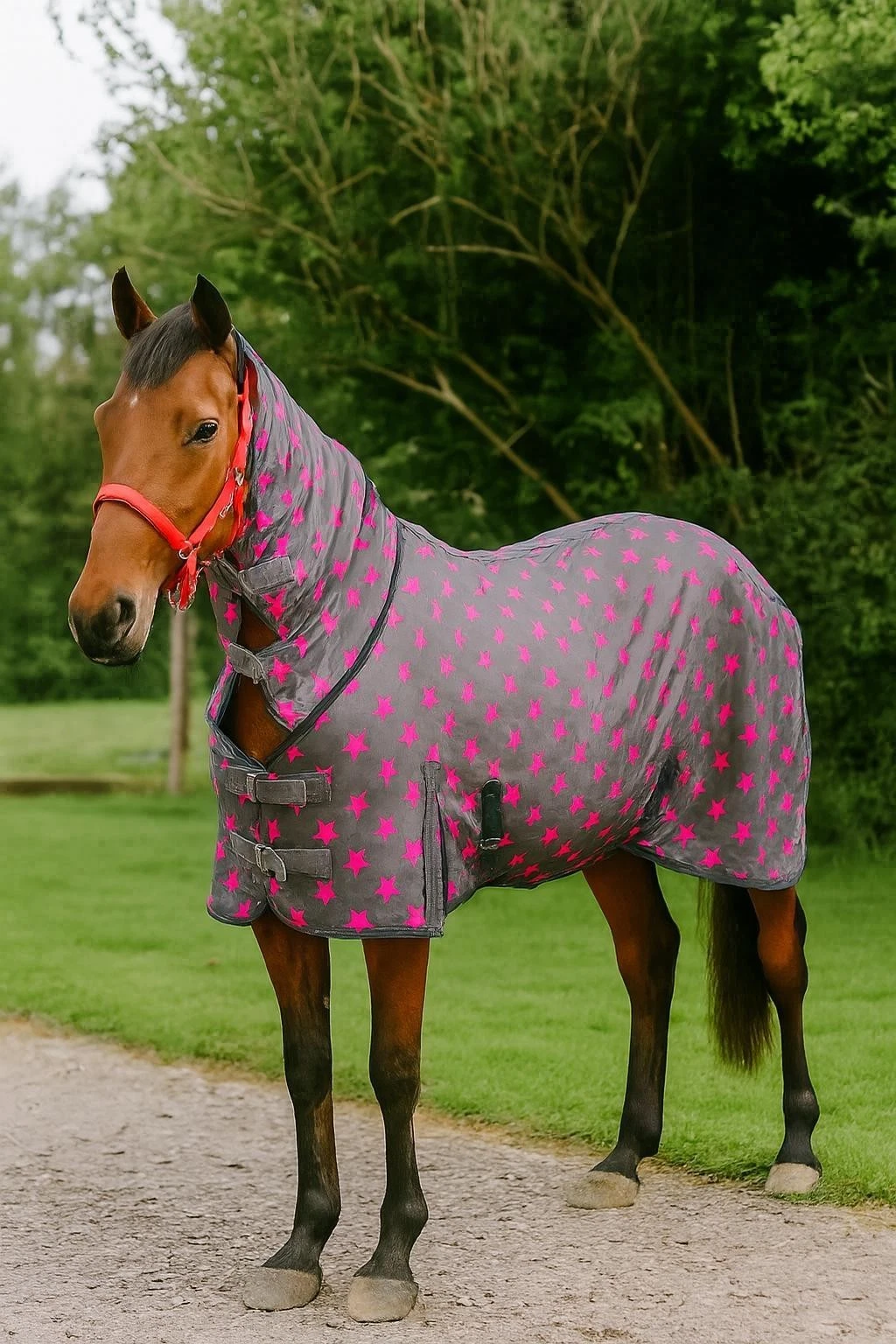 grey with pink star fly rug with belly & mask sizes 4'9 - 7' available
