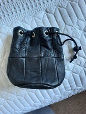 Drawstring Black Faux Leather Bucket Wristlet Pouch Bag