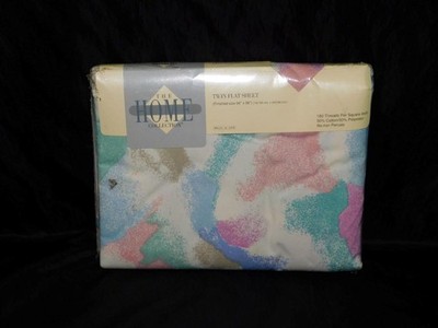 Vintage 80s JC Penney Memphis Style Twin Flat Sheet NEW Pink Blue Purple Wisps