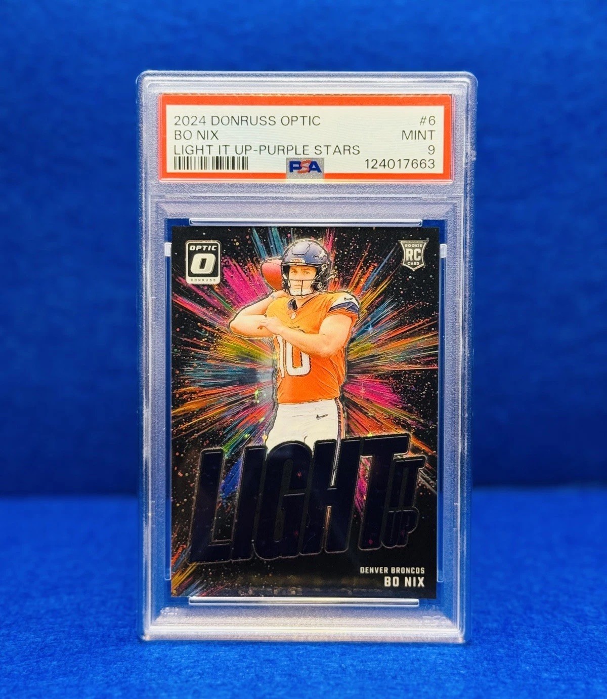 2024 Panini Donruss Optic Light It Up Bo Nix #6 FOTL Purple Stars /25 RC PSA 9