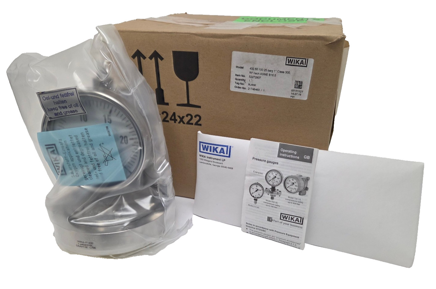 Manómetro de diafragma sellado Wika 432.50, 1" cnx 25bar CL300 RF Inconel