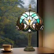 Tiffany Style Table Lamp Vintage Stained Glass Desk Lamp Deep Blue Purple Wis...