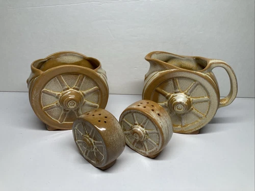 Vtg Frankoma Wagon Wheel Desert Gold Open Sugar Set W/Salt & Pepper Shaker READ