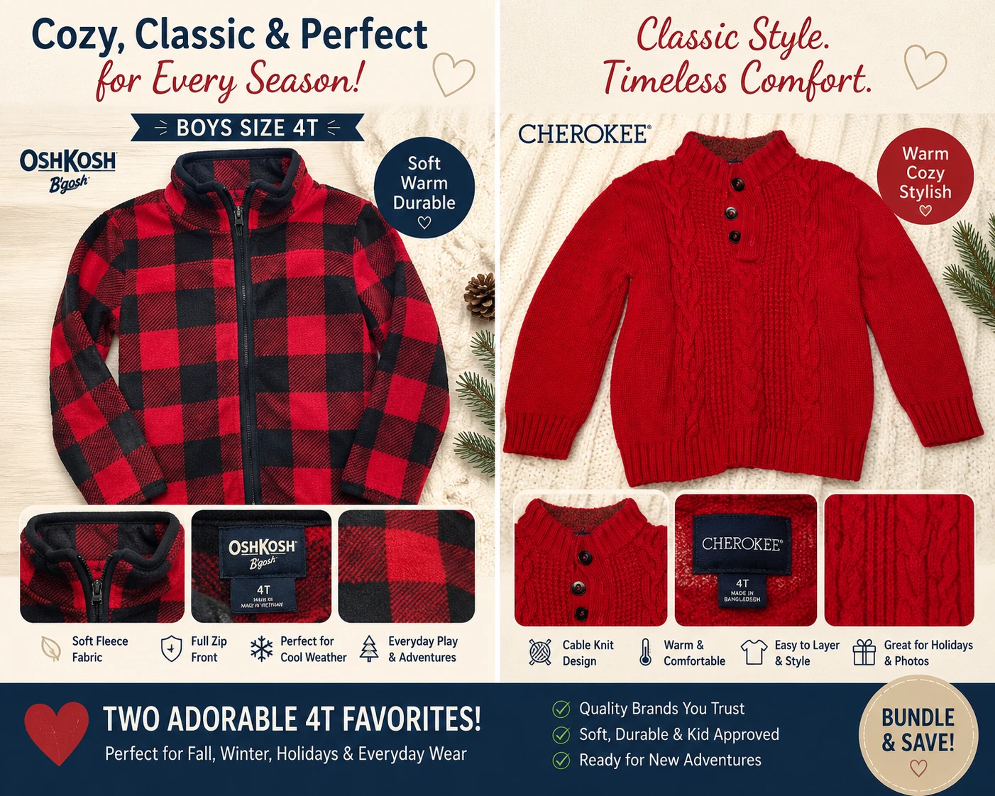 Boys 4T Clothing Bundle OshKosh Plaid Jacket Cherokee Sweater Holiday
Opens in a new window or tab