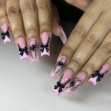 24Pcs Halloween Press on Nails Pink French Tip Fake Nails Black Spider 3D Bow Na