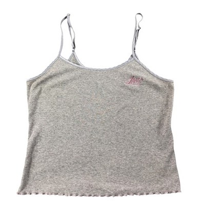 Vintage 2000s Ribbed Cami Gray Pink Love Embroidered Lettuce Edge Tank Top