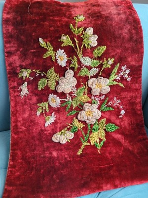 Antique Red Velvet Pillow Sham w Velvet & Chenille Flowers