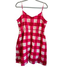 Gap Linen Blend Dress Womens M Pink White Gingham Buffalo Check Mini Sundress