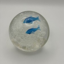 Vintage Paperweight Blue Dolphins Hand Blown With Bubbles ￼