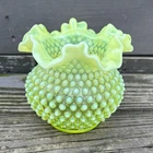 Vintage Fenton Canary Yellow/Topaz Opalescent Hobnail Vaseline Crimped Vase