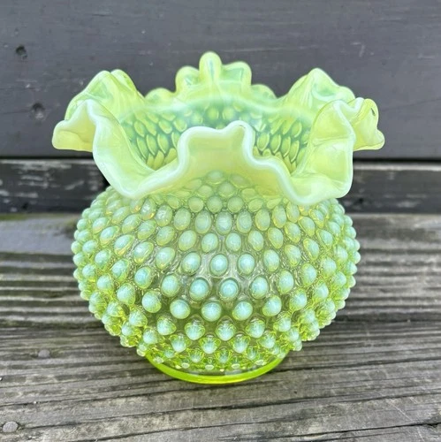 Vintage Fenton Canary Yellow/Topaz Opalescent Hobnail Vaseline Crimped Vase