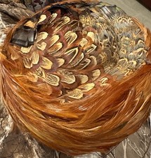 VINTAGE 50s PHEASANT PEACOCK FEATHER HAT ART DECO MULTICOLOR POLKA DOT