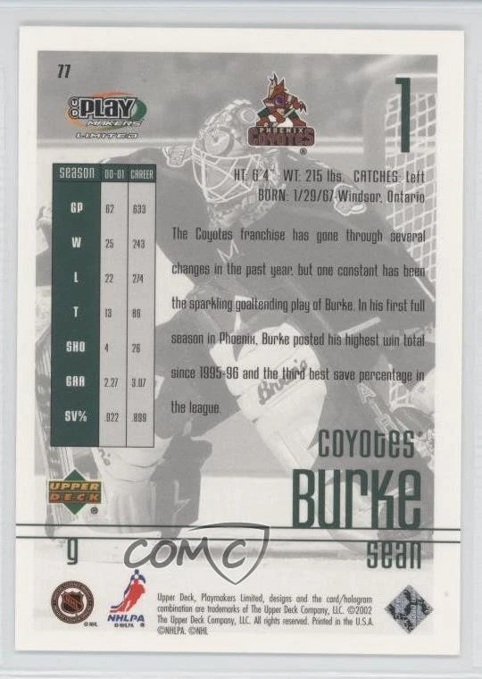 2001-02 Upper Deck Play Makers Limited Sean Burke #77 - Image 2 of 2