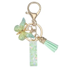 Alphabet Initial Letter Keychain Cute Charm with Tassel Butterfly Letter I Green