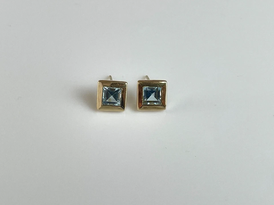 Pendientes Aguamarina Oro 9ct 1.50ct Corte Princesa Aguamarina Pendientes Vintage Foto 3 de 4