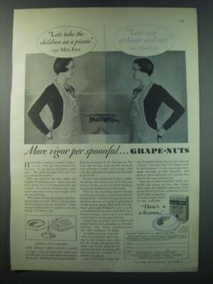 1930 Grape-Nuts Cereal Ad - Let's take the children on a picnic says Mrs. Fox