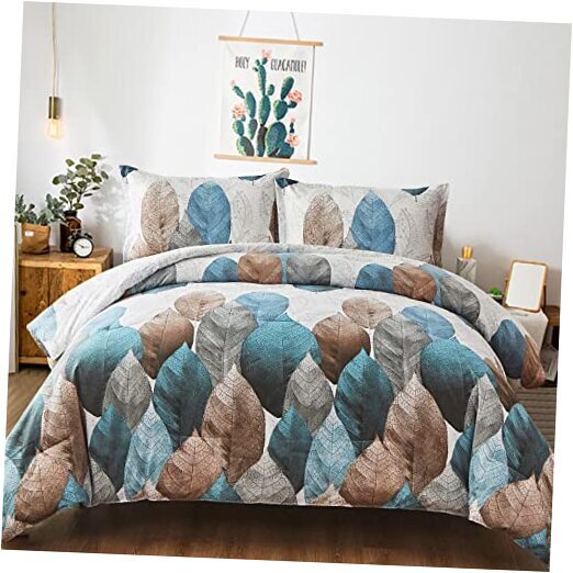 Comforter Set 3 Pieces Reversible Botanical Leaves Comforter Queen Blue Leaves-image