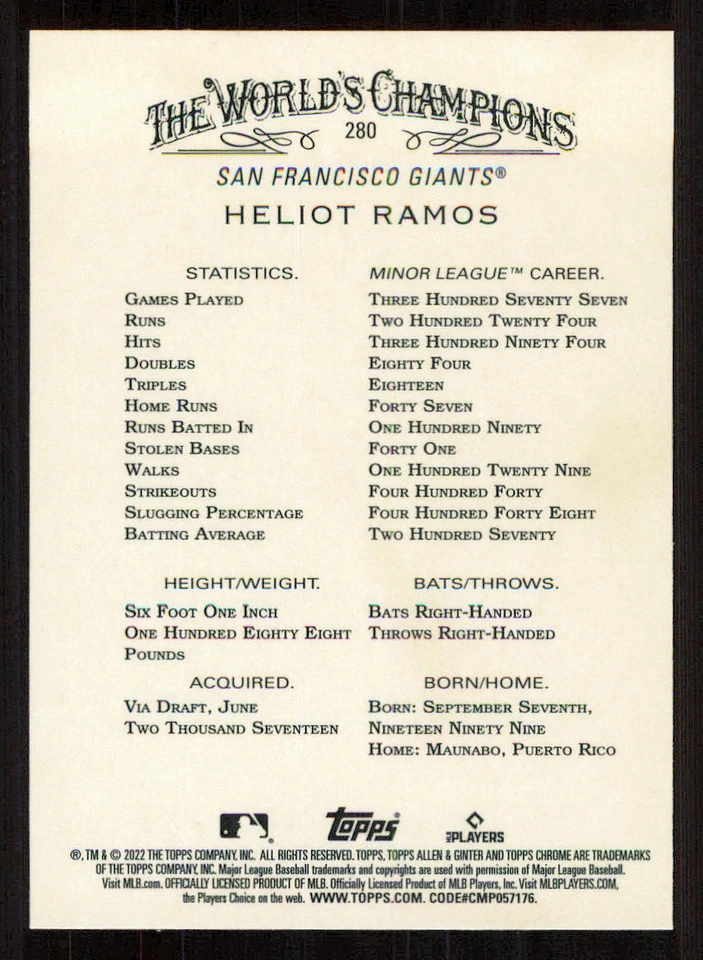 2022 Topps Allen and Ginter Chrome #280 Heliot Ramos RC - Image 2 of 2