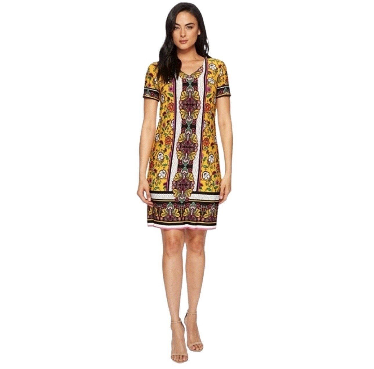 London Times Yellow Print Short Sleeve V-neck Floral Shift Career Dress Size 4