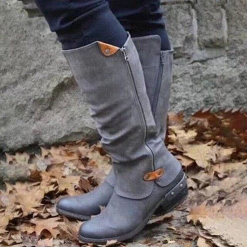 Womens Western Cowboy Knee Boots Punk Boots Low Thick Heel Side Zippper Booties - Picture 6 of 16