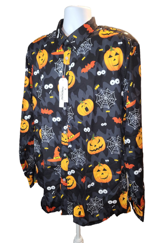 Mens Size XXL Halloween Button Up Long Sleeve Shirt Pumpkins & Bats Regular Fit - Picture 2 of 11