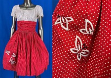 Vintage Anne Fogarty Red White Polka Dot Embroidery Butterfly Circle Skirt Dress
