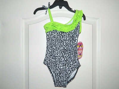 Girl's 1-Piece Swimsuit Black & White Leopard Print w/Lime Green Size 4-NWT