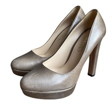 PRADA Taupe Gray Leather Platform Pumps, Size 38.5