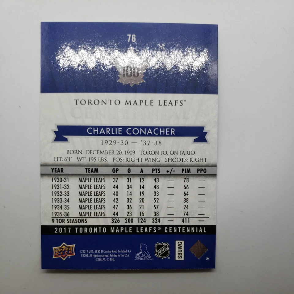 2017 UD Upper Deck Toronto Maple Leafs Centennial Charlie Conacher  #76 - Image 4 of 4