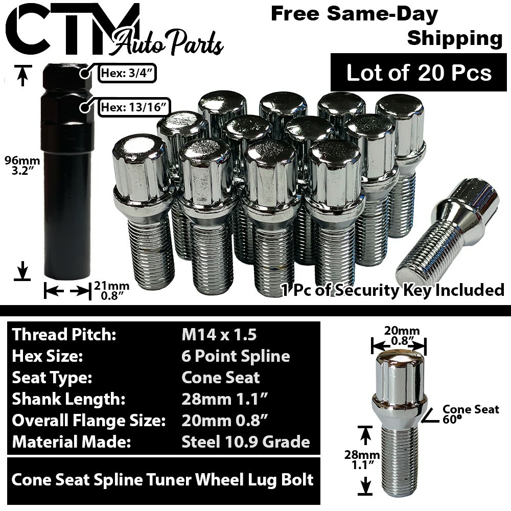 20x Chrome 14x1.5 Spline Tuner Lug Bolts 28mm Shank