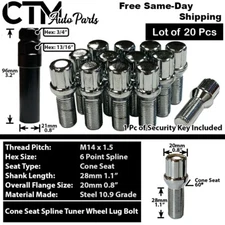 20x Chrome 14x1.5 Spline Tuner Lug Bolts 28mm Shank Volkswagen Aftermarket Wheel
