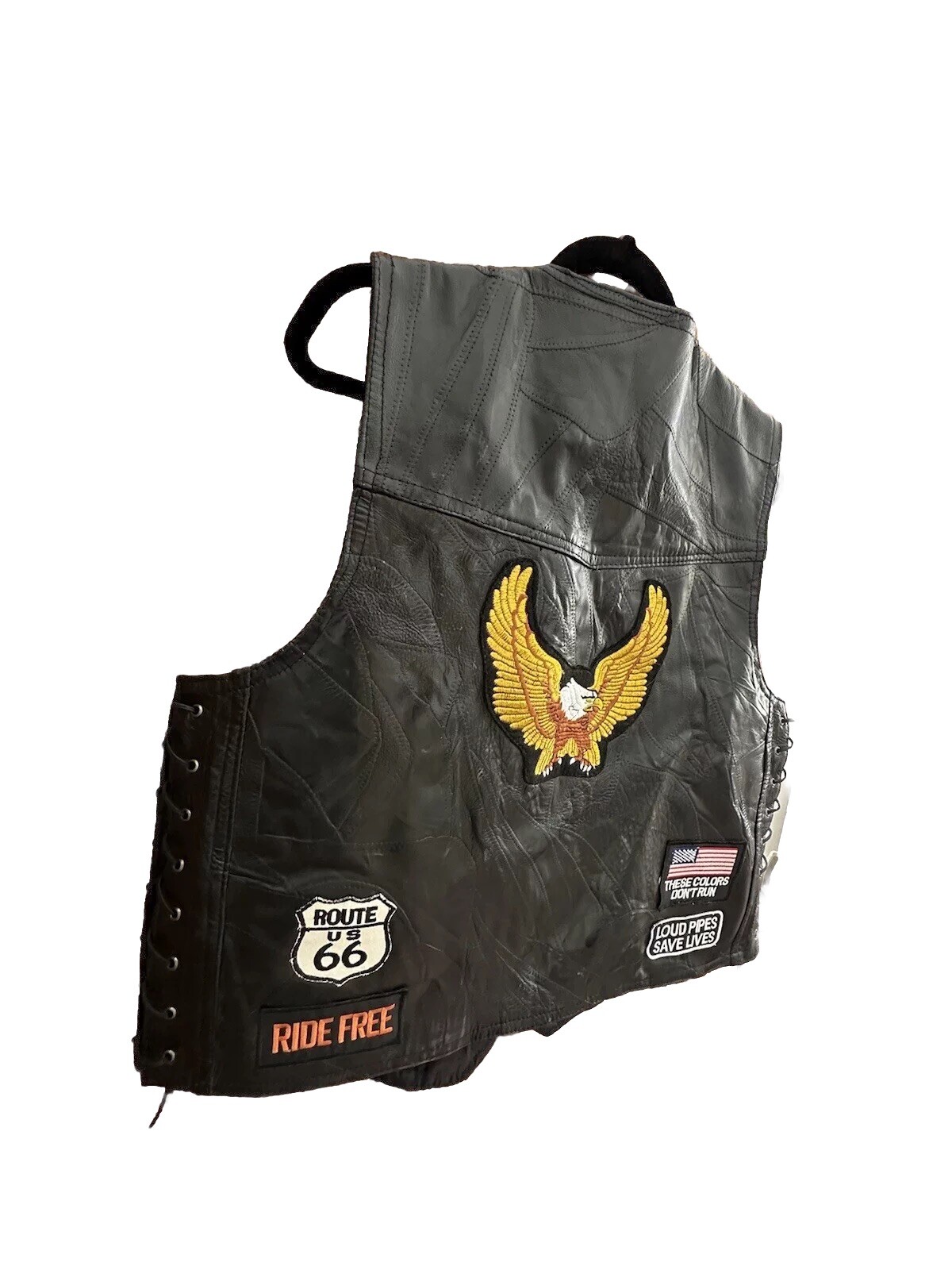 VTG Patchwork Black Leather Motorcycle Biker Vest… - image 14