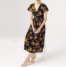 J Crew Floral Printed Pleated Midi Wrap Dress Navy Blue Yellow AD450 Size 4