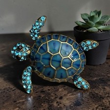 NWOT Blue Gold Rhinestone Enamel Turtle Brooch Pin 1.25  