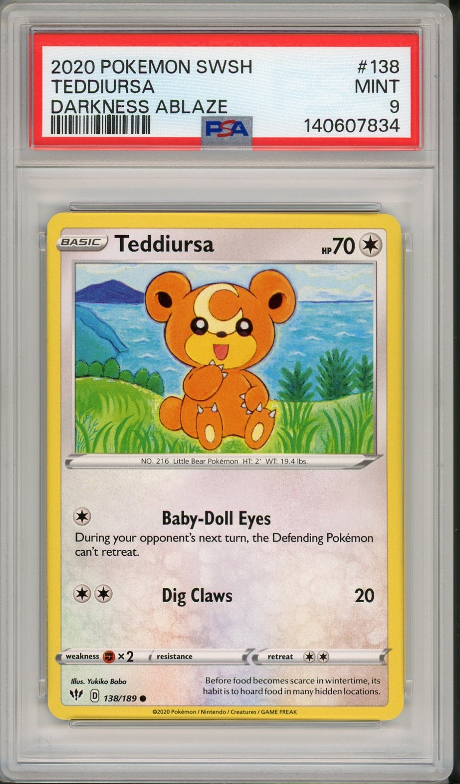 2020 Pokemon SWSH Darkness Ablaze Teddiursa #138 PSA 9