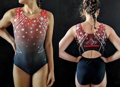 Destira Gymnastics Leotard Red Black Open Back Star Printed Size AL