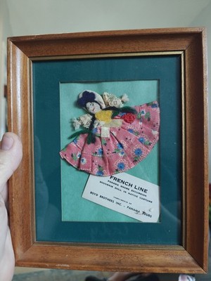 Vintage French Line Panama Shore Excursion Souvenir Doll Framed Folk Art 1950s