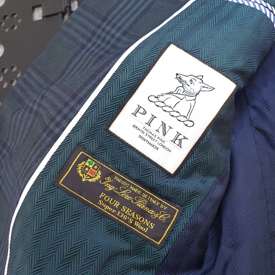 Blazer Thomas Rosa X Loro Piana Para Hombres 38R Verde Azulado Cuadros 130s Chaqueta Solapa Lana Foto 4 de 4