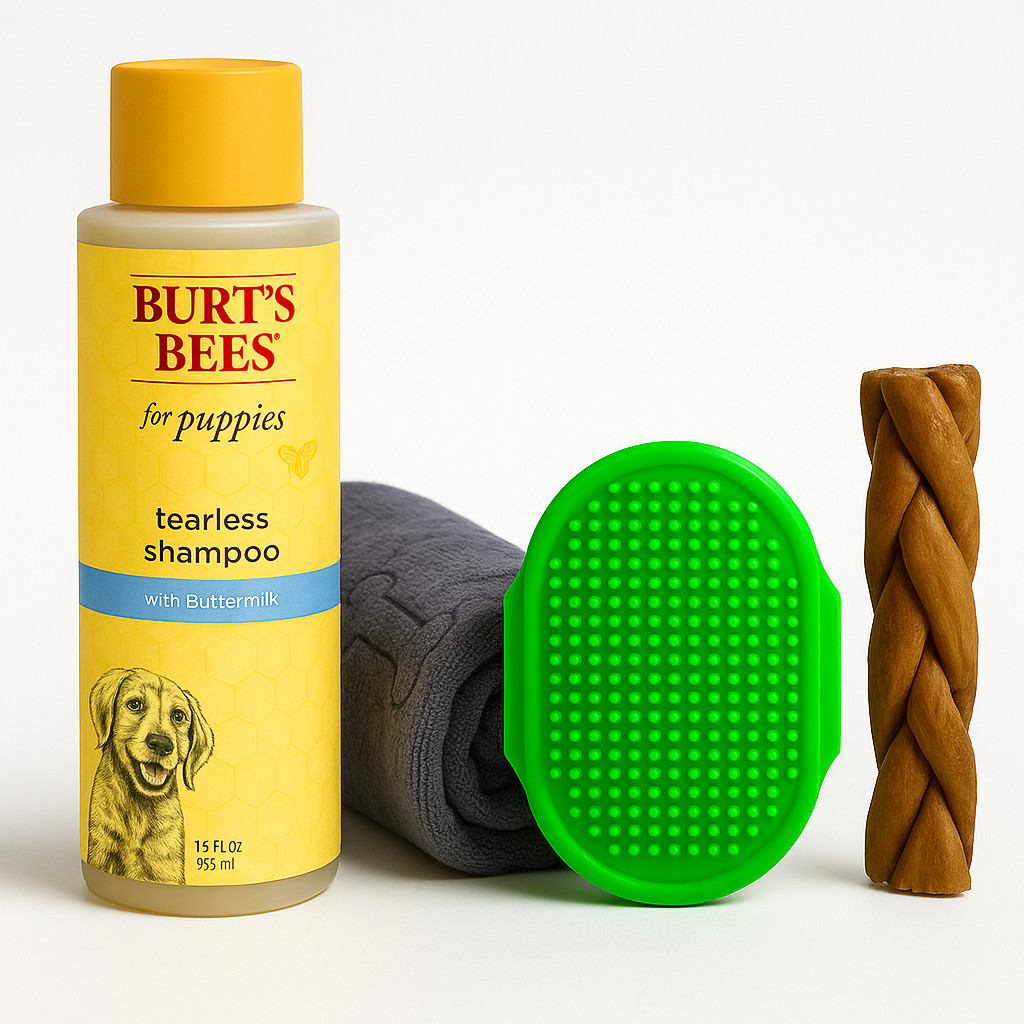 Tearless Grooming Kit &ndash; Soft Towel, Silicone Brush & Natural Chew
