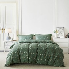Green Botanical Duvet Cover Queen 100 Cotton 3 Pcs Set 1 Sage Floral Leaves ...