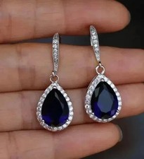 Lab Created Blue Sapphire 4.20Ct Pear Cut Drop/Dangle Earrings White Gold Plated