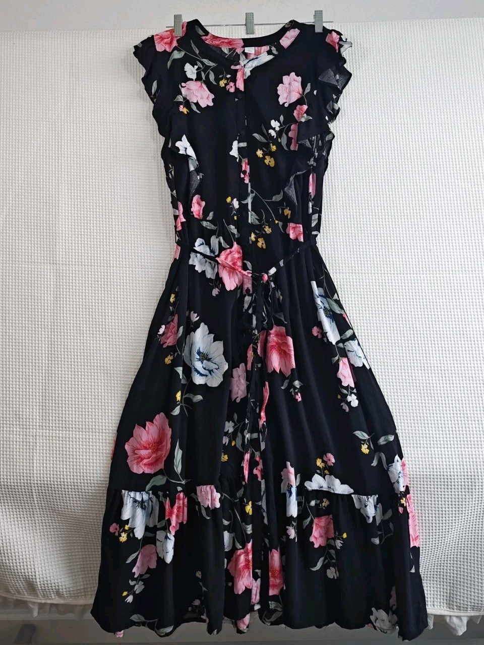 Old Navy Dress Womens Large Black Floral Midi Flutter Sleeve Tie Waist Rayon...