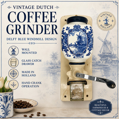 Vtg Dutch Delft Style Wall Mount Coffee Grinder Windmill Ceramic De Ve Holland