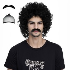 Miss U Hair Jerry Curl Wig Mens Short Black Curly Wig With Mustache 70s Rocke...