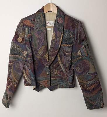 Vtg EXPOSE Chenille Tapestry Jacket S Made in USA Abstract Art To Wear Boho Plum